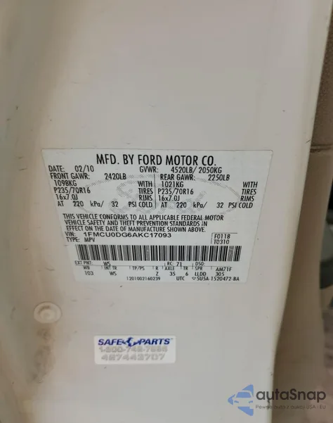 2010 Ford Escape Xlt z USA, uszkodzony, nr VIN 1FMCU0DG6AKC17093